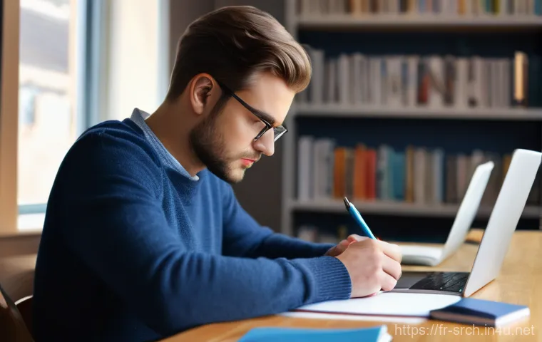 인터넷정보검색 실무에서 경험한 정보 수집 문제 해결 사례 - A focused young adult, dressed in casual yet neat attire (e.g., a comfortable sweater and jeans), di...