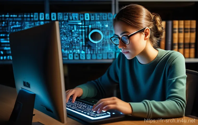 인터넷정보검색 실기 시험에서 실수하지 않는 비결 - **Prompt:** "A focused young researcher, dressed in casual yet neat attire, sits at a modern desk in...
