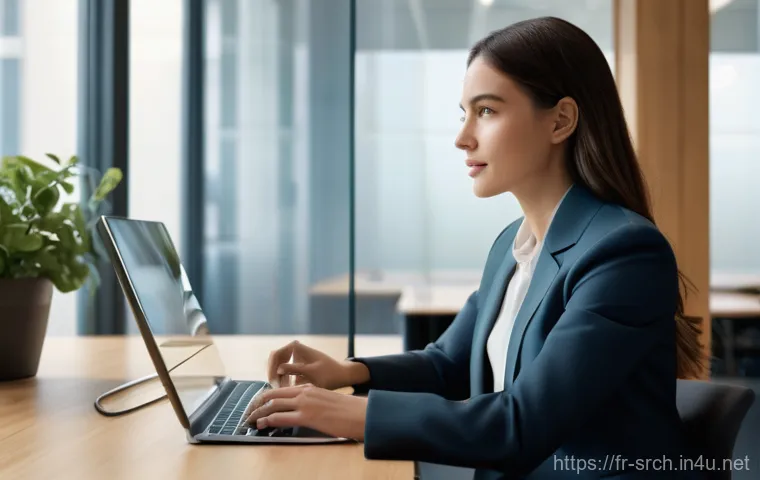 인터넷정보검색 실무와 클라우드 기반 검색 기술 - A sophisticated young woman, aged 25-30, elegantly dressed in a chic, modest business-casual outfit ...