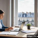 인터넷정보검색 실기 시험 대비 시장 조사 연습법 - A modern French home office scene with a young professional using a laptop to conduct online researc...