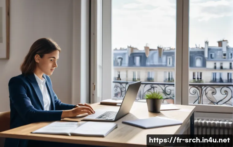 인터넷정보검색 실기 시험 대비 시장 조사 연습법 - A modern French home office scene with a young professional using a laptop to conduct online researc...