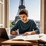 인터넷정보검색 실기 과목별 주요 내용 요약 - A professional French university student sitting at a wooden desk in a cozy, sunlit Parisian apartme...