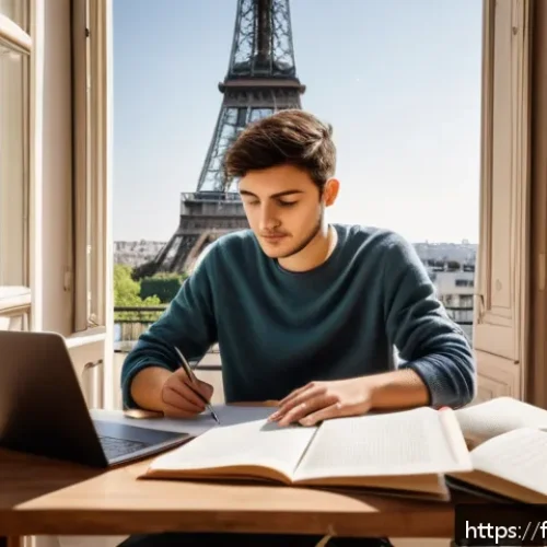 인터넷정보검색 실기 과목별 주요 내용 요약 - A professional French university student sitting at a wooden desk in a cozy, sunlit Parisian apartme...