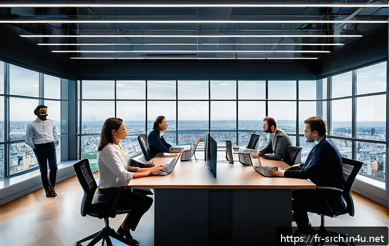 인터넷정보검색 자격증 취득 후 대기업 데이터 리서치 팀 합류기 - A professional French office environment featuring a diverse team of data researchers collaborating ...