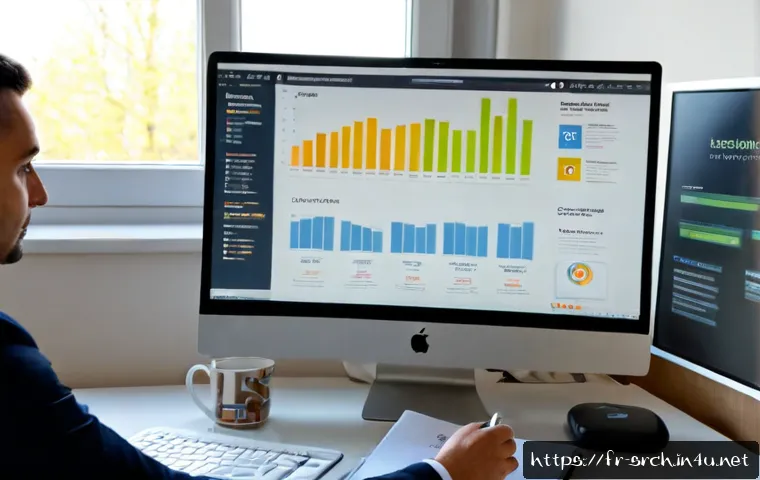 인터넷정보검색 실무에서 발생한 검색 엔진 최적화 사례 - Photorealistic French digital marketing consultant reviewing an SEO case study on a large desktop mo...